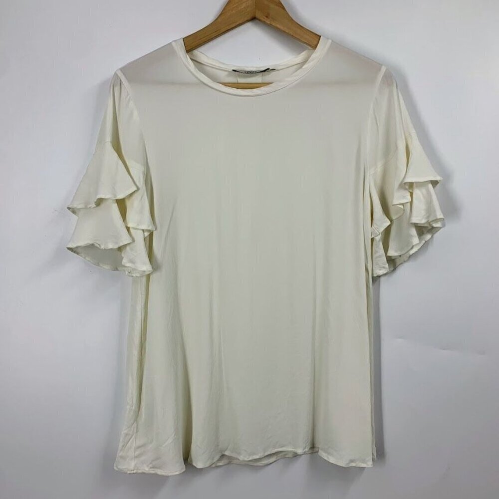 0039 Italy Women's Crepe Round Neck Ruffle Short Sleeve Shirt Size S‎